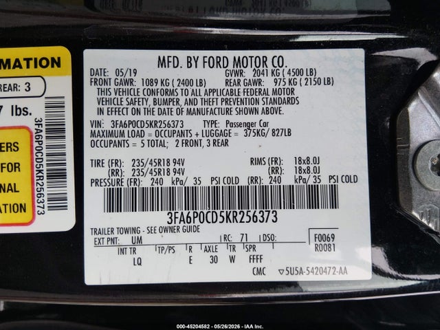 Ford FUSION SEL 2019 3FA6P0CD5KR256373 Image 9