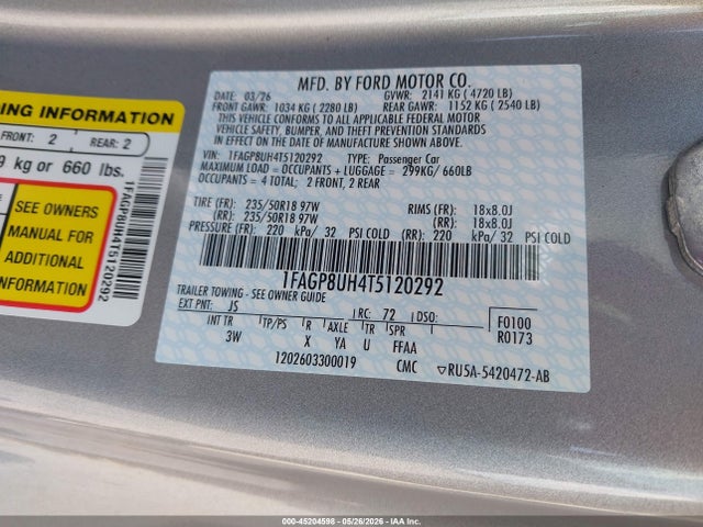 Aukcja sprzedaży 2026 Ford Mustang Ecoboost Premium, vin: 1FAGP8UH4T5120292, numer aukcji: 45204598