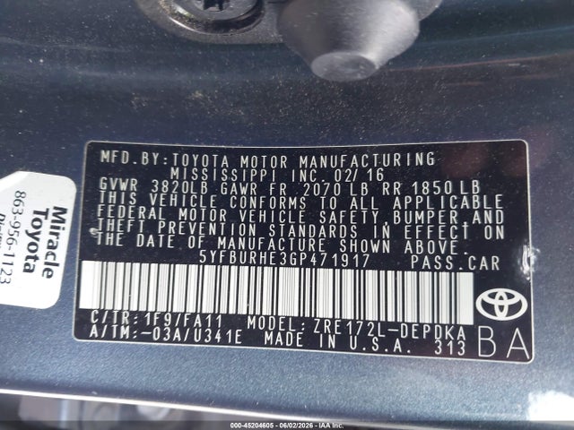 Aukcja sprzedaży 2016 Toyota Corolla L, vin: 5YFBURHE3GP471917, numer aukcji: 45204605