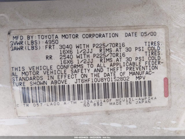 Продаж на аукціоні авто 2000 Lexus Rx 300, vin: JT6HF10U8Y0152802, номер лоту: 45204625