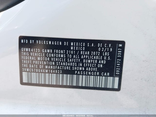 2019 Volkswagen Jetta 1.4t R-line/1.4t S/1.4t Se მანქანა იყიდება აუქციონზე, vin: 3VWC57BU4KM164923, აუქციონის ნომერი: 45204633