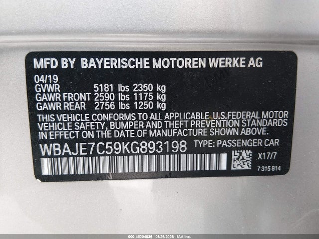 Aukcja sprzedaży 2019 Bmw 540i Xdrive, vin: WBAJE7C59KG893198, numer aukcji: 45204636