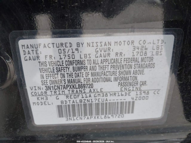 3N1CN7APXKL869720 Nissan Versa 1.6 Sv