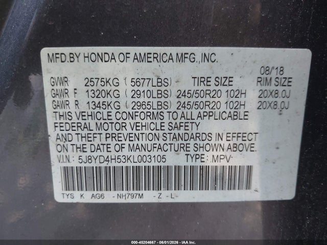 45204667 :رقم المزاد ، 5J8YD4H53KL003105 vin ، 2019 Acura Mdx Tech Pkg مزاد بيع