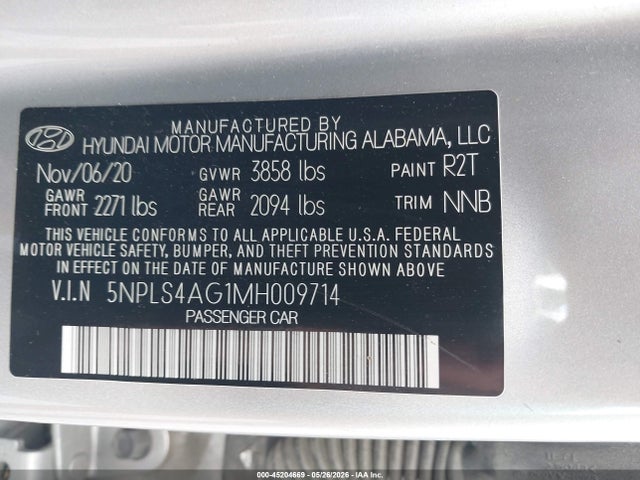 Продаж на аукціоні авто 2021 Hyundai Elantra Sel, vin: 5NPLS4AG1MH009714, номер лоту: 45204669