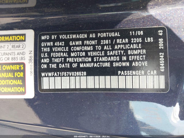 Продаж на аукціоні авто 2007 Volkswagen Eos 2.0t, vin: WVWFA71F57V026528, номер лоту: 45204671