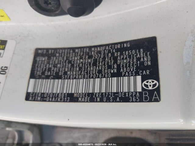 Продаж на аукціоні авто 2014 Toyota Corolla Le Eco Plus, vin: 5YFBPRHE9EP076760, номер лоту: 45204675