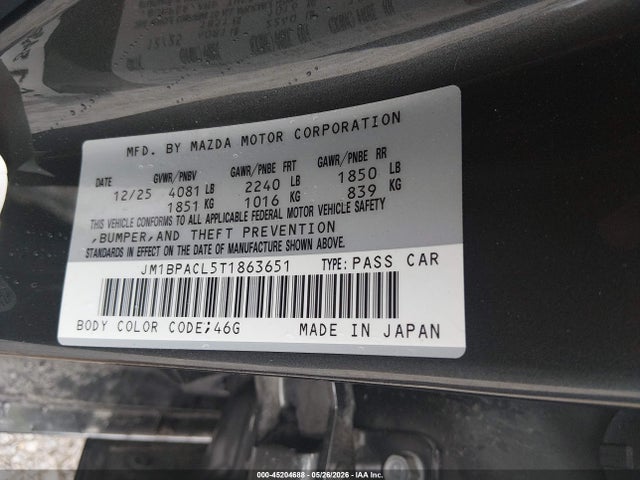 45204688 :رقم المزاد ، JM1BPACL5T1863651 vin ، 2026 Mazda Mazda3 2.5 S Preferred مزاد بيع