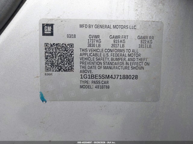 Aukcja sprzedaży 2018 Chevrolet Cruze Lt Auto, vin: 1G1BE5SM4J7188028, numer aukcji: 45204697