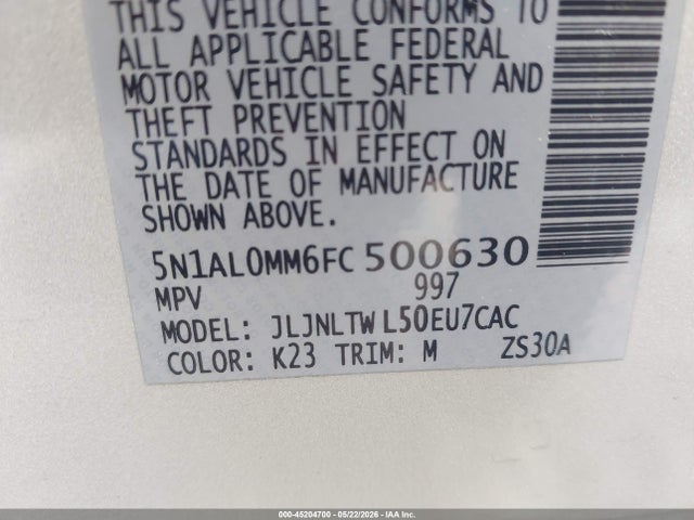 45204700 :رقم المزاد ، 5N1AL0MM6FC500630 vin ، 2015 Infiniti Qx60 مزاد بيع