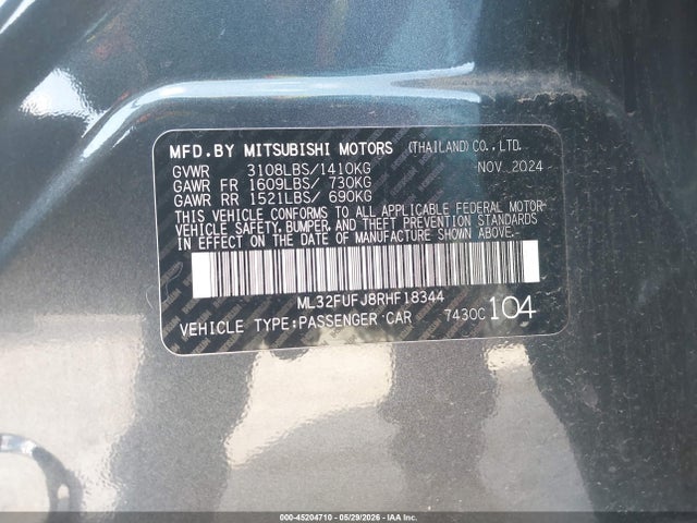 Aukcja sprzedaży 2024 Mitsubishi Mirage G4 Es, vin: ML32FUFJ8RHF18344, numer aukcji: 45204710