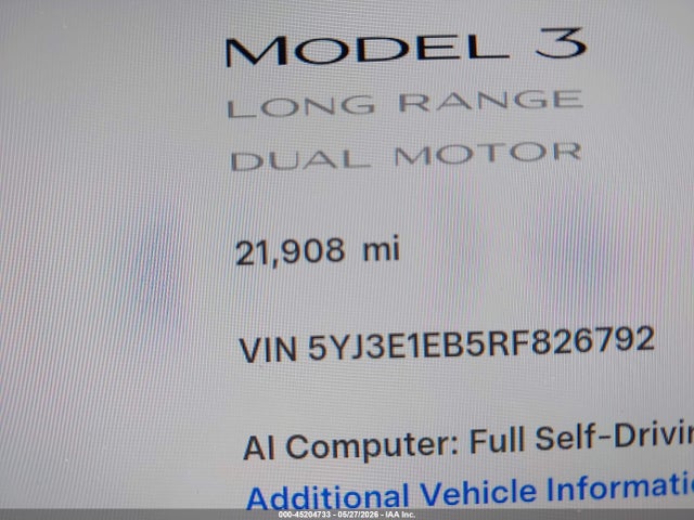 2024 Tesla Model 3 Long Range Dual Motor All-wheel Drive მანქანა იყიდება აუქციონზე, vin: 5YJ3E1EB5RF826792, აუქციონის ნომერი: 45204733
