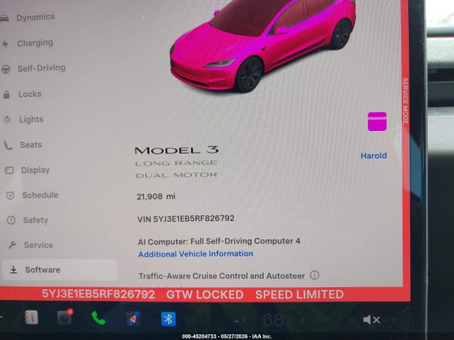 2024 Tesla Model 3 Long Range Dual Motor All-wheel Drive მანქანა იყიდება აუქციონზე, vin: 5YJ3E1EB5RF826792, აუქციონის ნომერი: 45204733