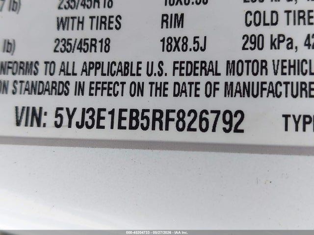 2024 Tesla Model 3 Long Range Dual Motor All-wheel Drive მანქანა იყიდება აუქციონზე, vin: 5YJ3E1EB5RF826792, აუქციონის ნომერი: 45204733