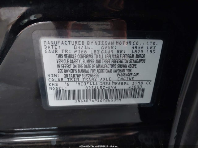Aukcja sprzedaży 2016 Nissan Sentra Fe+ S/s/sl/sr/sv, vin: 3N1AB7AP1GY265399, numer aukcji: 45204744