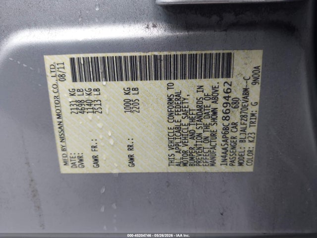 Auction sale of the 2011 Nissan Maxima 3.5 Sv, vin: 1N4AA5AP6BC869462, lot number: 45204746