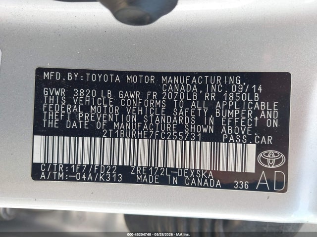 Aukcja sprzedaży 2015 Toyota Corolla S Plus, vin: 2T1BURHE7FC255731, numer aukcji: 45204748