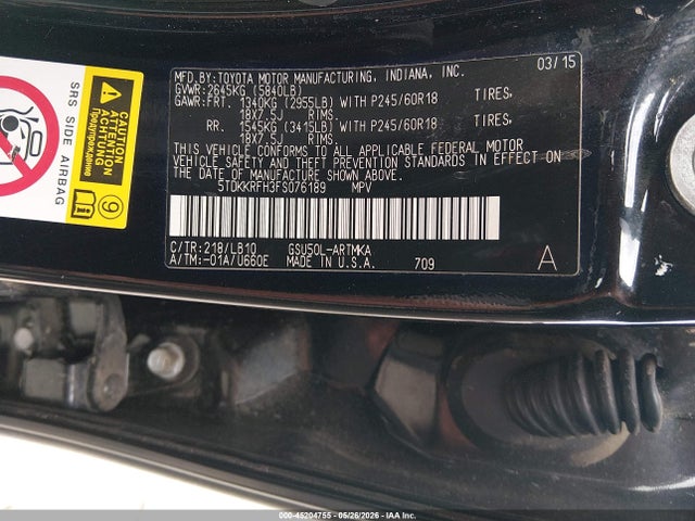 Aukcja sprzedaży 2015 Toyota Highlander Xle V6, vin: 5TDKKRFH3FS076189, numer aukcji: 45204755