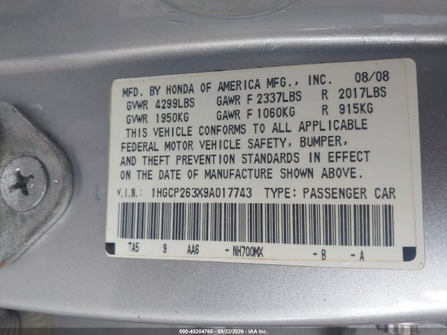 Продаж на аукціоні авто 2009 Honda Accord 2.4 Lx, vin: 1HGCP263X9A017743, номер лоту: 45204760