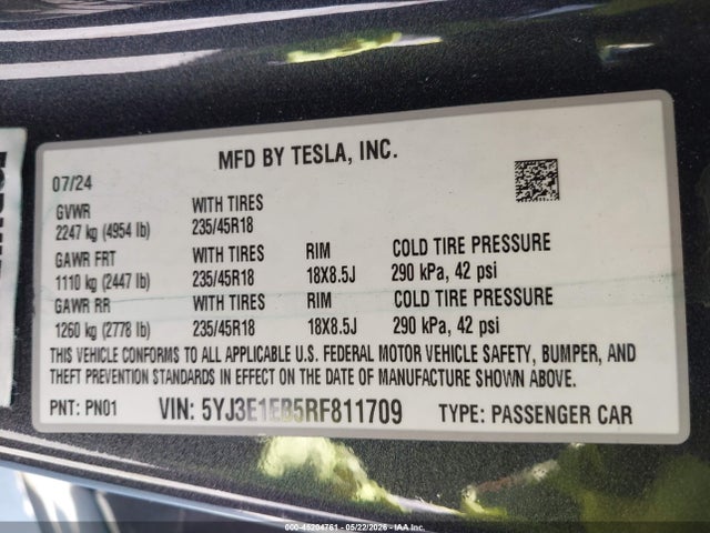 Aukcja sprzedaży 2024 Tesla Model 3 Long Range Dual Motor All-wheel Drive, vin: 5YJ3E1EB5RF811709, numer aukcji: 45204761