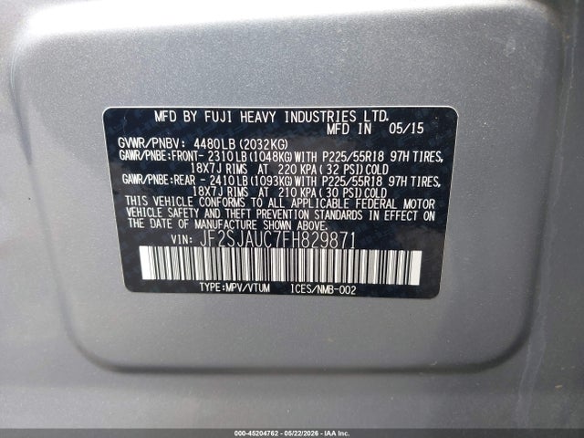 45204762 :رقم المزاد ، JF2SJAUC7FH829871 vin ، 2015 Subaru Forester 2.5i Touring مزاد بيع