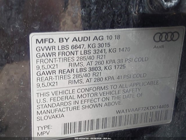 45204780 :رقم المزاد ، WA1VAAF72KD014405 vin ، 2019 Audi Q7 55 Premium مزاد بيع