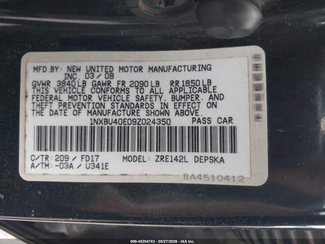 Aukcja sprzedaży 2009 Toyota Corolla S, vin: 1NXBU40E09Z024350, numer aukcji: 45204782