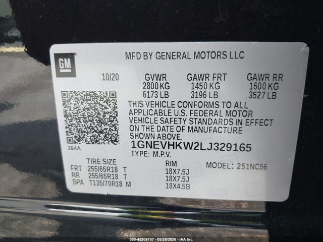 Продаж на аукціоні авто 2020 Chevrolet Traverse Awd Lt Leather, vin: 1GNEVHKW2LJ329165, номер лоту: 45204787