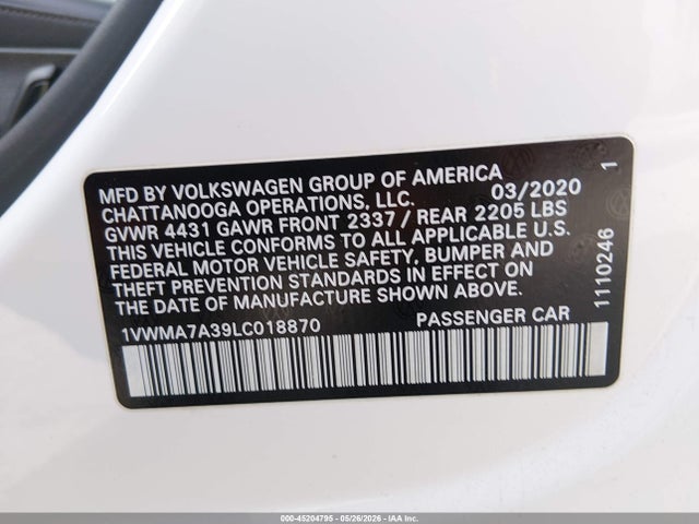 Продаж на аукціоні авто 2020 Volkswagen Passat 2.0t R-line, vin: 1VWMA7A39LC018870, номер лоту: 45204795