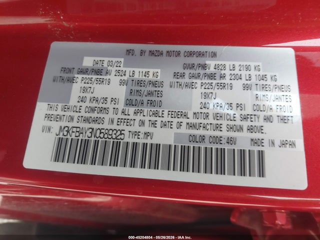 Продаж на аукціоні авто 2022 Mazda Cx-5 2.5 Turbo, vin: JM3KFBAY3N0589325, номер лоту: 45204804