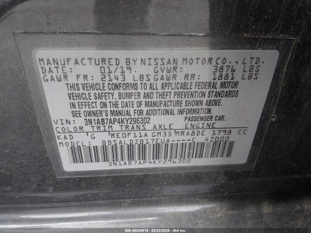 2019 Nissan Sentra Sv მანქანა იყიდება აუქციონზე, vin: 3N1AB7AP4KY296302, აუქციონის ნომერი: 45204819