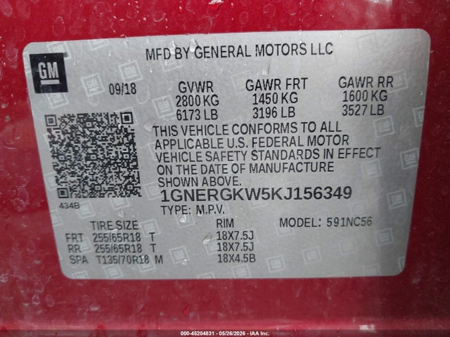 2019 Chevrolet Traverse 1lt მანქანა იყიდება აუქციონზე, vin: 1GNERGKW5KJ156349, აუქციონის ნომერი: 45204831