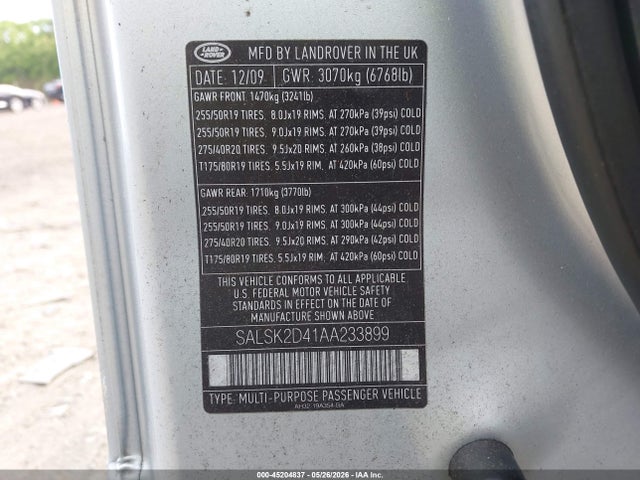 Продаж на аукціоні авто 2010 Land Rover Range Rover Sport Hse, vin: SALSK2D41AA233899, номер лоту: 45204837