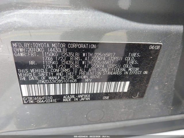 45204838 :رقم المزاد ، JTMZD33V285101608 vin ، 2008 Toyota Rav4 مزاد بيع