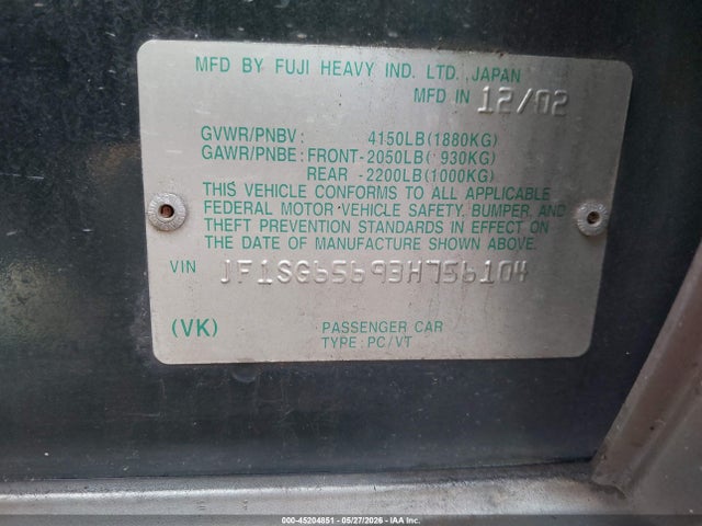 Aukcja sprzedaży 2003 Subaru Forester Xs, vin: JF1SG65693H756104, numer aukcji: 45204851