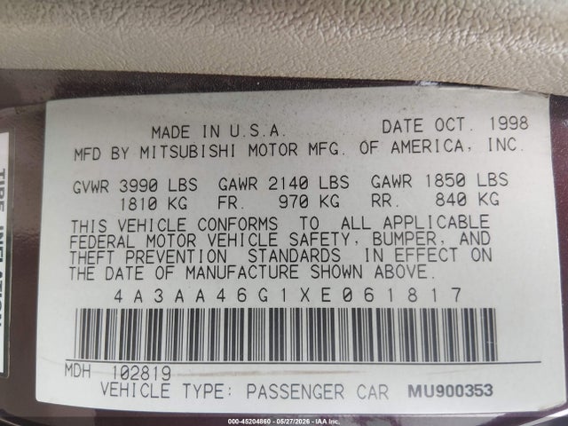 Продаж на аукціоні авто 1999 Mitsubishi Galant Es, vin: 4A3AA46G1XE061817, номер лоту: 45204860