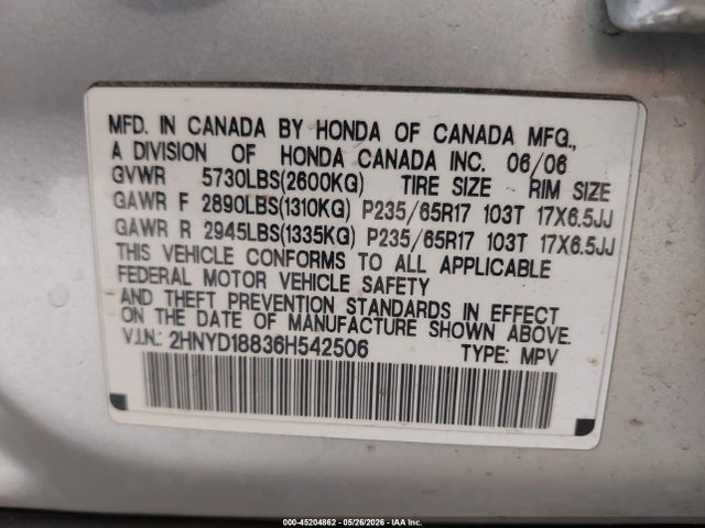 Продаж на аукціоні авто 2006 Acura Mdx, vin: 2HNYD18836H542506, номер лоту: 45204862