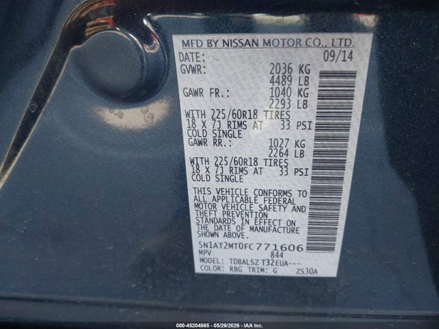 2015 Nissan Rogue Sl მანქანა იყიდება აუქციონზე, vin: 5N1AT2MT0FC771606, აუქციონის ნომერი: 45204865