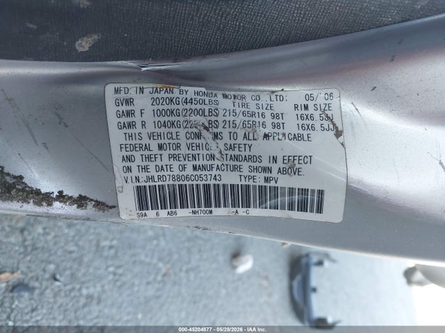 2006 Honda Cr-v Ex მანქანა იყიდება აუქციონზე, vin: JHLRD78806C053743, აუქციონის ნომერი: 45204877