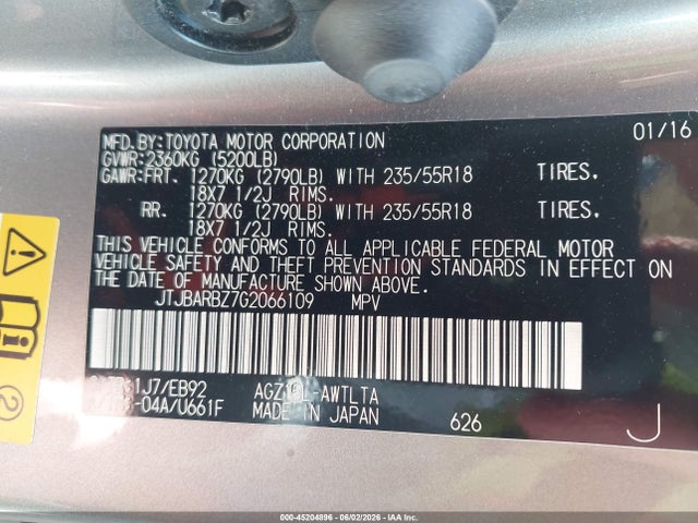 Aukcja sprzedaży 2016 Lexus Nx 200t F Sport, vin: JTJBARBZ7G2066109, numer aukcji: 45204896