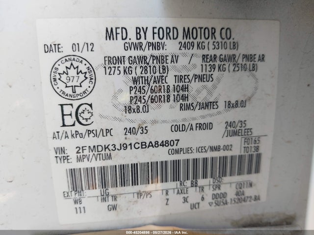 Продаж на аукціоні авто 2012 Ford Edge Sel, vin: 2FMDK3J91CBA84807, номер лоту: 45204898