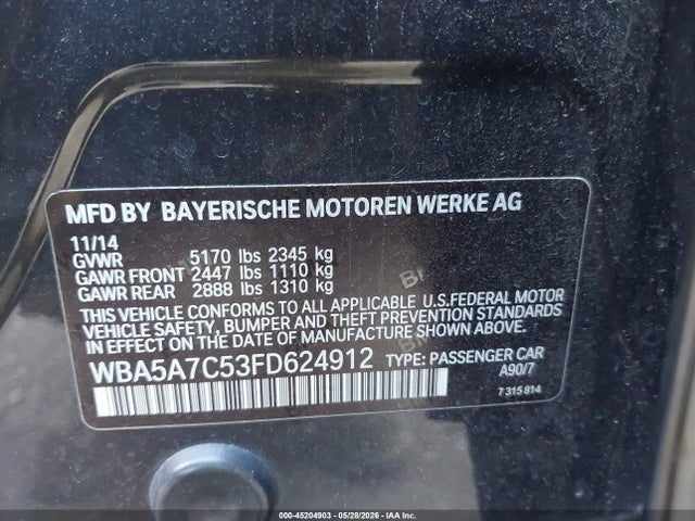 2015 Bmw 528i Xdrive მანქანა იყიდება აუქციონზე, vin: WBA5A7C53FD624912, აუქციონის ნომერი: 45204903