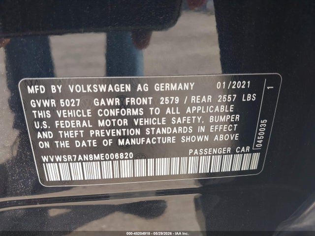 45204918 :رقم المزاد ، WVWSR7AN8ME006820 vin ، 2021 Volkswagen Arteon 2.0t Sel R-line مزاد بيع