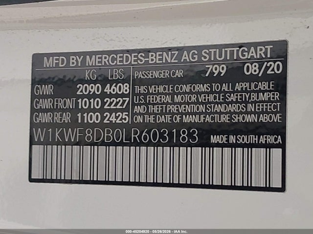 2020 Mercedes-benz C 300 მანქანა იყიდება აუქციონზე, vin: W1KWF8DB0LR603183, აუქციონის ნომერი: 45204920