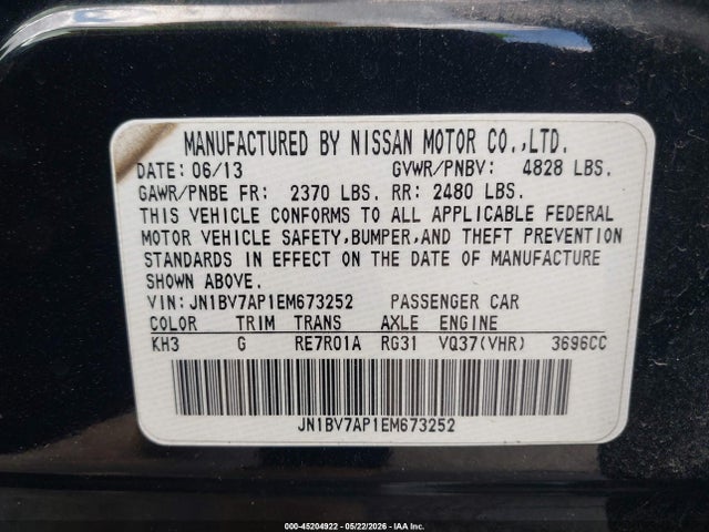 Aukcja sprzedaży 2014 Infiniti Q50 Premium, vin: JN1BV7AP1EM673252, numer aukcji: 45204922
