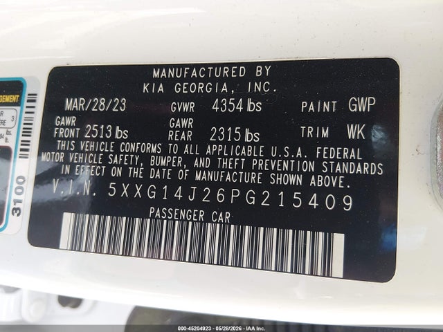 Aukcja sprzedaży 2023 Kia K5 Lxs, vin: 5XXG14J26PG215409, numer aukcji: 45204923