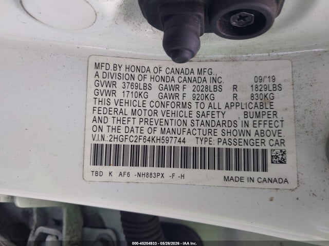 45204933 :رقم المزاد ، 2HGFC2F64KH597744 vin ، 2019 Honda Civic Lx مزاد بيع