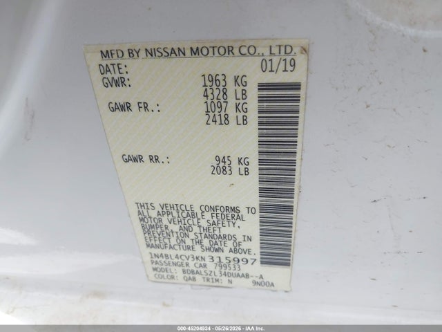 Nissan Altima 2.5 Sr 2019 1N4BL4CV3KN315997 Image 9