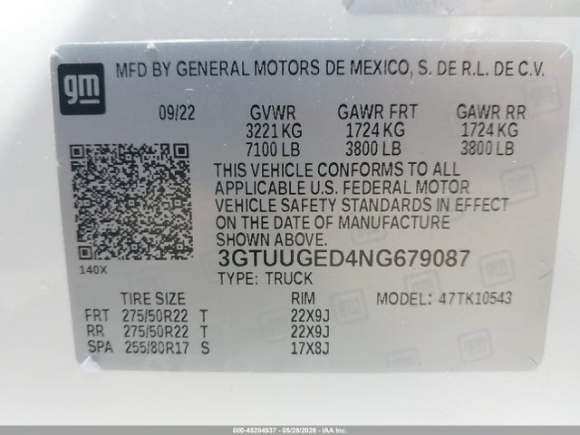 45204937 :رقم المزاد ، 3GTUUGED4NG679087 vin ، 2022 Gmc Sierra 1500 4wd  Short Box Denali مزاد بيع