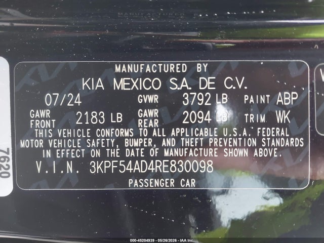 2024 Kia Forte Gt-line მანქანა იყიდება აუქციონზე, vin: 3KPF54AD4RE830098, აუქციონის ნომერი: 45204939